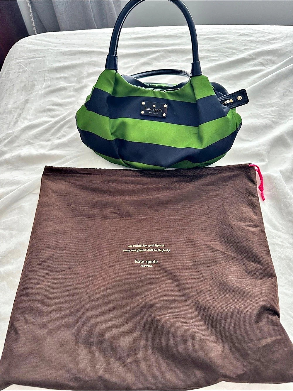 Kate Spade Green and Black Striped Nylon Shoulder Bag with Dust Bag Green &